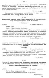 Советник II политического отдела российского министерства иностранных дел К.Н. Гулькевич директору дипломатической канцелярии при штабе верховного главнокомандующего кн. Н.А. Кудашеву. Телеграмма. № 165. 24 апреля/7 мая 1915 г.