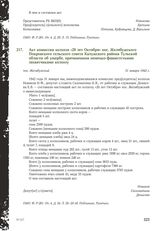 Акт комиссии колхоза «20 лет Октября» пос. Желябужского Покровского сельского совета Калужского района Тульской области об ущербе, причиненном немецко-фашистсткими захватчиками колхозу. Пос. Желябужский, 31 января 1942 г.