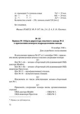 Приказ № 143 дсп директора опытного завода № 2 о присвоении номеров подразделениям завода. 30 ноября 1946 г.