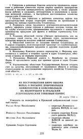 Из постановления Бюро обкома ВКП(б) о посылке добровольцев коммунистов и комсомольцев на политработу в Уральский добровольческий танковый корпус. 25 марта 1943 г.