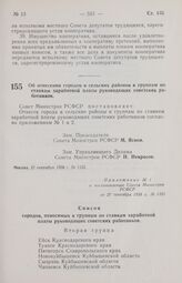 Постановление Совета Министров РСФСР. Об отнесении городов и сельских районов к группам по ставкам заработной платы руководящих советских работников. 27 сентября 1958 г. № 1135