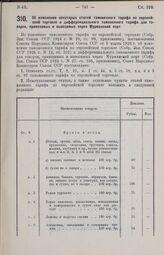 Постановление Совета Народных Комиссаров. Об изменении некоторых статей таможенного тарифа по европейской торговле и дифференциального таможенного тарифа для товаров, привозимых и вывозимых через Мурманский порт. 15 июня 1926 г. 