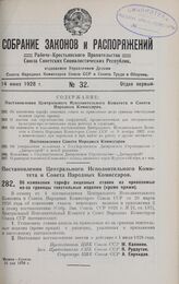 Постановление Центрального Исполнительного Комитета и Совета Народных Комиссаров. Об изменении тарифа акцизных ставок на привозимые из-за границы текстильные изделия (кроме пряжи). 16 мая 1928 г.