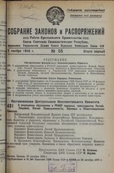 Постановление Центрального Исполнительного Комитета. О разрешении образования в РСФСР народных комиссариатов Легкой, Пищевой, Лесной Промышленности, Зерновых и Животноводческих Совхозов. 19 октября 1936 г. 