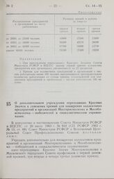 Постановление Совета Министров РСФСР и Всесоюзного Центрального Совета Профессиональных Союзов. О дополнительном учреждении переходящих Красных Знамен и денежных премий для поощрения коллективов предприятий и организаций Мосгорисполкома и Мособлис...