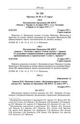 Протокол № 85 от 27 марта. Постановление Президиума ЦК КПСС «Записка т. Молотова о проекте тезисов доклада т. Хрущева “О дальнейшем совершенствовании и организации управления промышленностью и строительством” и ответ т. Хрущева». 27 марта 1957 г.