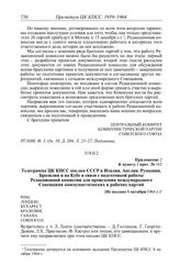 Протокол № 162 от 8 октября. Приложение 2 к пункту I прот. № 162. Телеграмма ЦК КПСС послам СССР в Италии, Англии, Румынии, Бразилии и на Кубе в связи с подготовкой работы Редакционной комиссии для проведения международного Совещания коммунистичес...