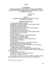 Сообщение Управления МГБ Томской области в Томский обком ВКП(б) о количестве учащихся и преподавателей техникумов г. Томска, состоящих на спецучете. 17 апреля 1952 г.