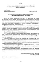 Постановление бюро Нуринского райкома КП Казахстана «Об итогах проверки о трудоустройстве выселенцев, расселенных в колхозе им. Молотова». пос. Киевка, Карагандинская область, 1 августа 1949 г.