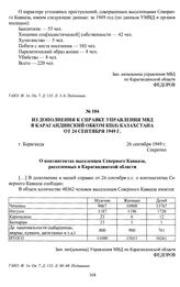 Из дополнения к справке Управления МВД в Карагандинский обком КП(б) Казахстана от 24 сентября 1949 г. «О контингентах выселенцев Северного Кавказа, расселенных в Карагандинской области». г. Караганда, 26 сентября 1949 г.