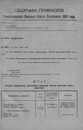 Приказ Революционного Военного Совета Республики № 1035. Об объявлении штата Военного Комиссариата ТАОН. 13 июня 1920 г. (По Политическому Управлению Реввоенсовета Республики)