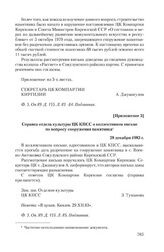 Приложение 3 к письму жителей колхоза «Рассвет» Военно-Антоновского сельского совета Сокулукского района Киргизской ССР от 27 сентября 1983 г. Справка отдела культуры ЦК КПСС о коллективном письме по вопросу сооружения памятника. 28 декабря 1983 г.