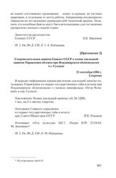 Приложение 2 к информации Владимирского обкома КПСС от 14 сентября 1984 г. Сопроводительная записка Главлит СССР к копии докладной записки Управления обллита при Владимирском облисполкоме в г. Суздале. 21 сентября 1984 г.