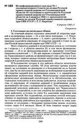 Из информационного доклада № 1 уполномоченного Совета по делам Русской православной церкви по Сталинградской области «О состоянии и деятельности Русской православной церкви по Сталинградской области за I квартал 1945 г.» председателю Совета по дел...