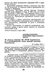 Девушки-таджички пополняют ряды рабочего класса. Из доклада секретаря ЦК ЛКСМ Таджикистана на I республиканском съезде женской молодежи Таджикистана. 10 ноября 1935 г.