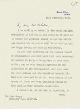 Письмо министра иностранных дел Великобритании А. Идена наркому иностранных дел СССР В.М. Молотову, в котором британская делегация благодарит за оказанный прием в Крыму (на английском и русском языках). 13 февраля 1945 г. 