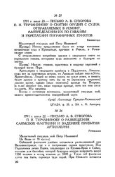Письмо А.В. Суворова П.И. Турчанинову о снятии орудий с судов, отправляемых в ремонт, распределении их по гаваням и укреплении пограничных пунктов. Кюменегорд. 1791 г. июля 20