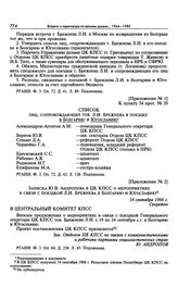 Приложение № 1 к постановлению Политбюро ЦК КПСС «О мероприятиях в связи с поездкой в сентябре с.г. Генерального секретаря ЦК КПСС т. Брежнева Л.И. в Болгарию и Югославию». 15 сентября 1966 г. Список лиц, сопровождающих тов. Л.И. Брежнева в поездк...