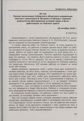 Конфликт в связи с недовольством условиями труда рабочих на восстановлении участка Чуйского тракта. Письмо начальника Сибирского областного управления местного транспорта В. Ветрова в Сибтруд с оценкой результатов обследования условий труда и быта...