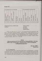 Постановление № 34 Коллегии СибкрайРКИ от 16 мая 1930 года по докладу о результатах чистки аппарата Сибкрайсовнархоза. 16 мая 1930 г.