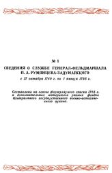 Сведения о службе генерал-фельдмаршала П. А. Румянцева-Задунайского. С 27 октября 1740 г. по 1 января 1795 г.