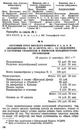 Кассовый отчет Вятского комитета Р. С. Д. Р. П. (большевиков) по 18 августа 1917 г. со сведениями о состоянии Глазовской и Ижевской большевистских организаций. 19 августа (1 сентября) 1917 г.