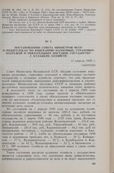 Постановление Совета Министров МССР о недостатках по взысканию налоговых, страховых платежей и обязательных поставок государству с кулацких хозяйств. 11 апреля 1949 г. 