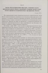 Анализ облстатуправлением факторов, влияющих на рост производительности труда и дальнейшее ускорение научно-технического прогресса на промышленных предприятиях области. 18 июня 1985 г.