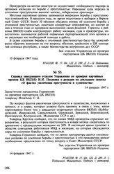 Справка заведующего отделом Управления по проверке партийных органов ЦК ВКП(б) И.И. Поздняка о реакции на докладную записку «О фактах увеличения преступности и хулиганства». 14 февраля 1947 г.